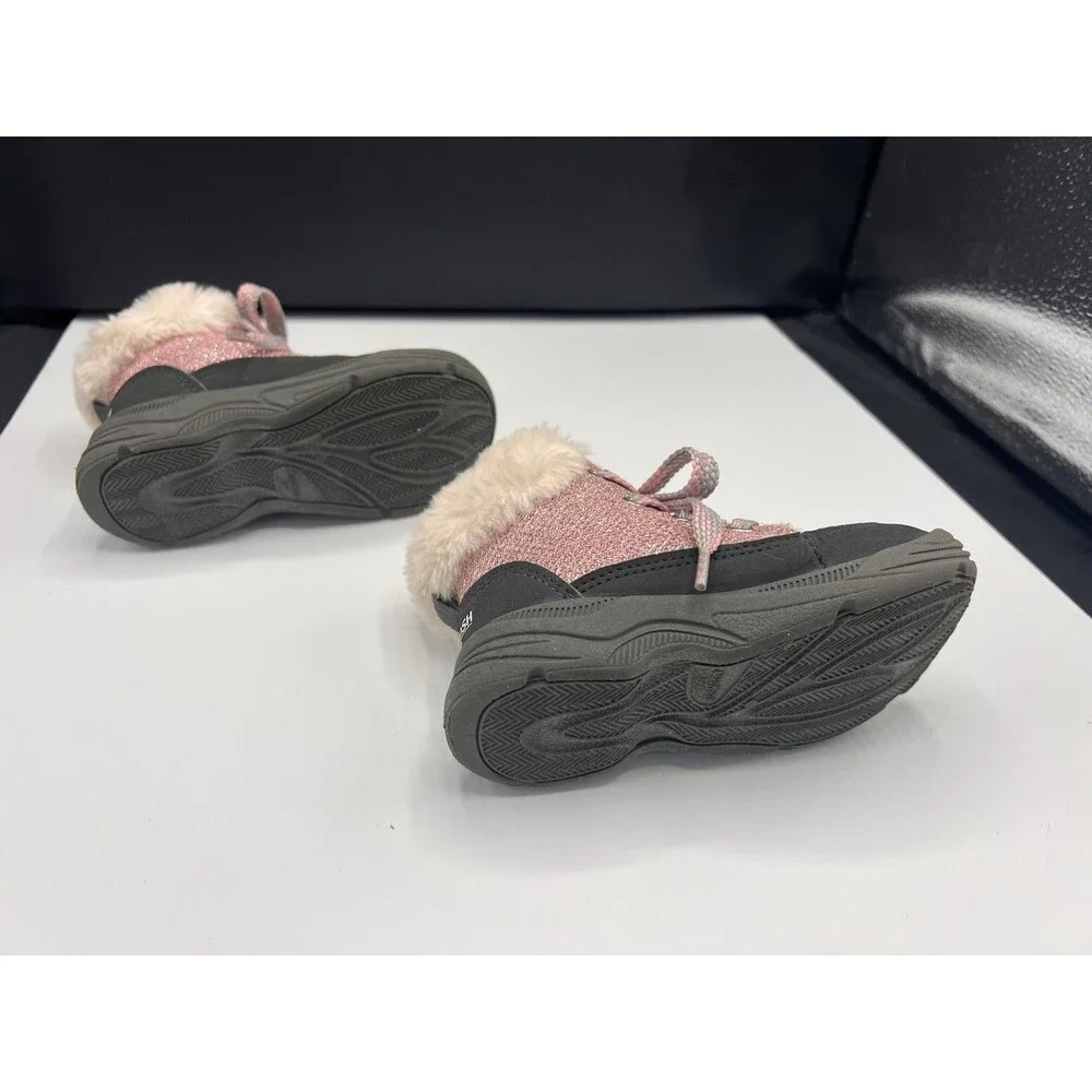 OshKosh B'gosh Girls Pink Faux Fur Trim Glitter Lace-Up Ankle Boots 7M EU 23 💕